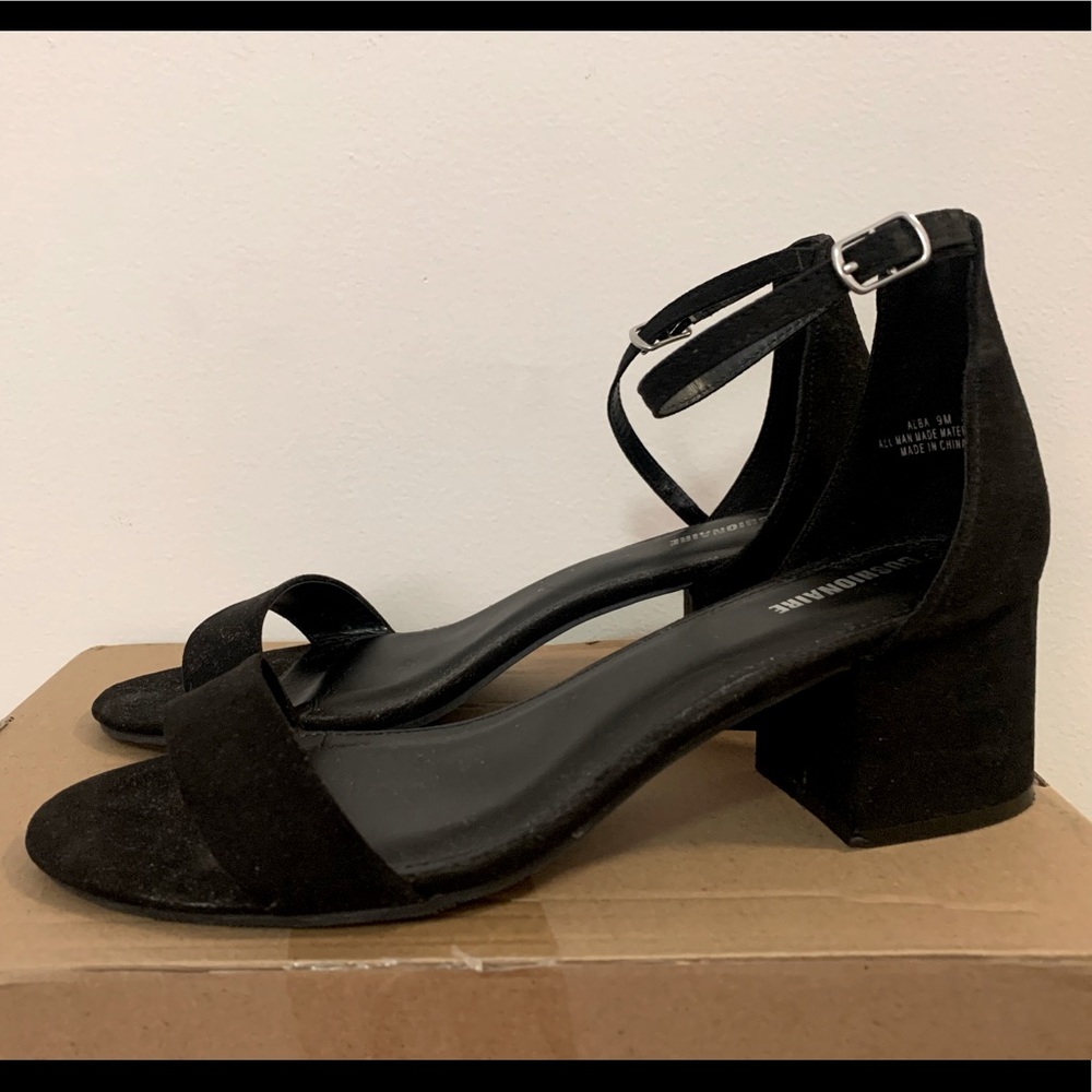 Low strappy black block heels